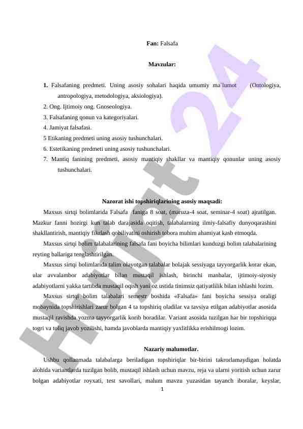 Falsafa fanining asosiy mavzulari va ta'lim usullari