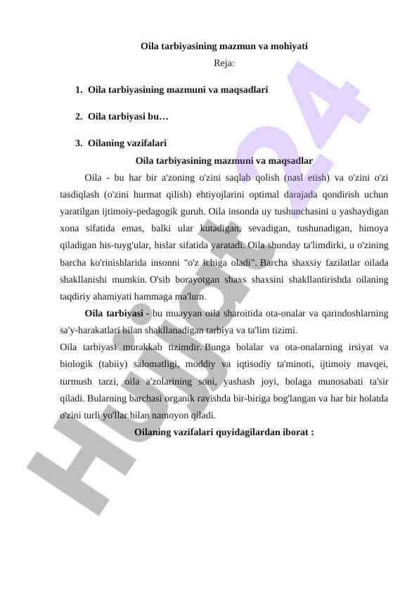 Oila tarbiyasining mazmun va mohiyati