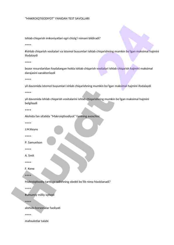 Makroiqtisodiyot fanidan test savollari