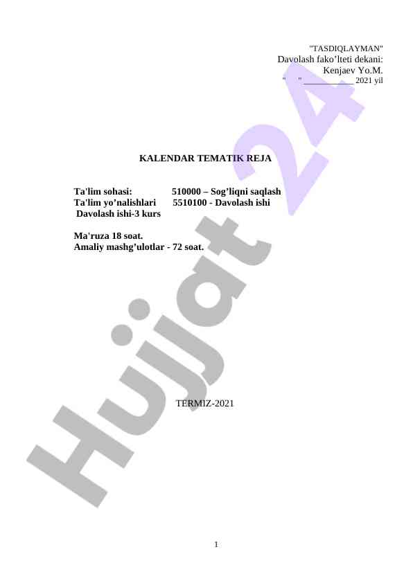 Tematik reja davolash ishlari uchun 2021