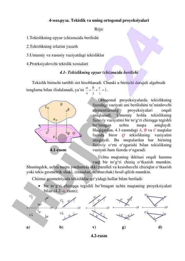 Tekislik va uning ortogonal proyeksiyalari