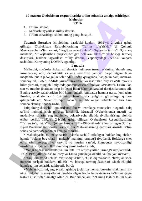 O’zbekiston ta’lim sohasidagi islohotlar tahlili