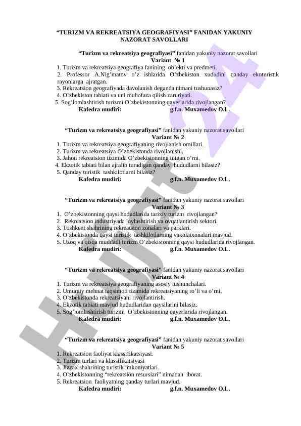 Turizm va rekreatsiya geografiyasi fanidan savollar