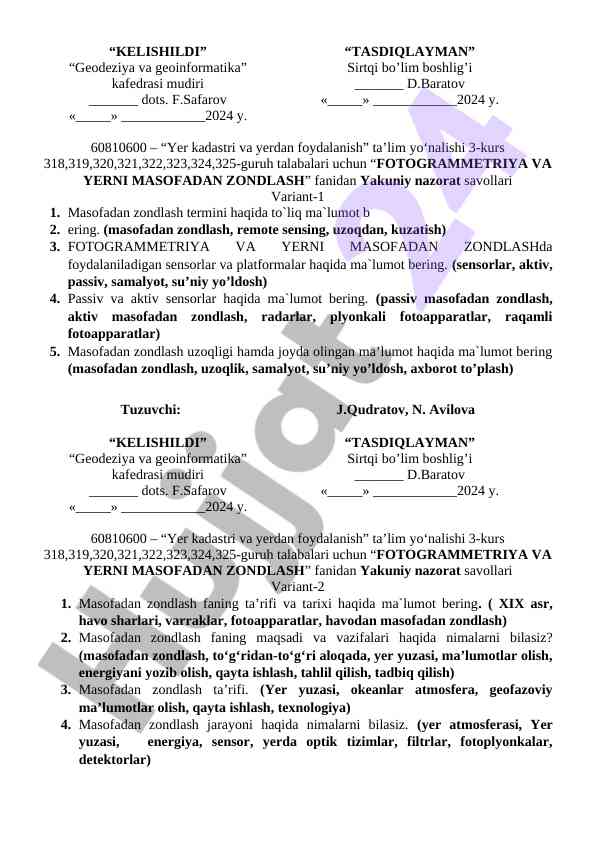 Fotogrammetriya va yerni masofadan zondlash savollari