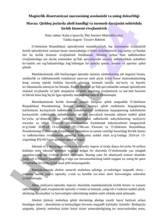 Kichik Biznesni Rivojlantirishning Dolzarbligi