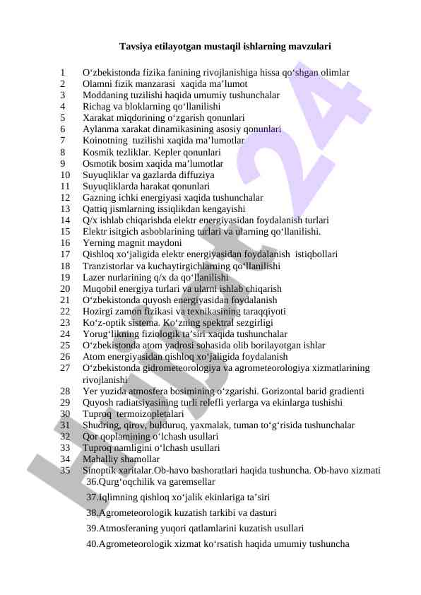Tavsiya etayotgan mustaqil ish mavzulari