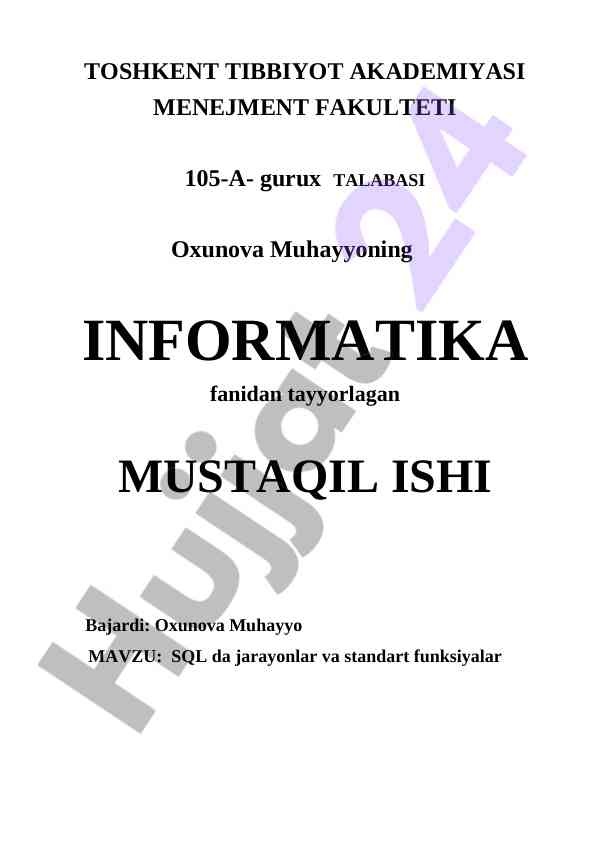Sql da jarayonlar va standart funksiyalar