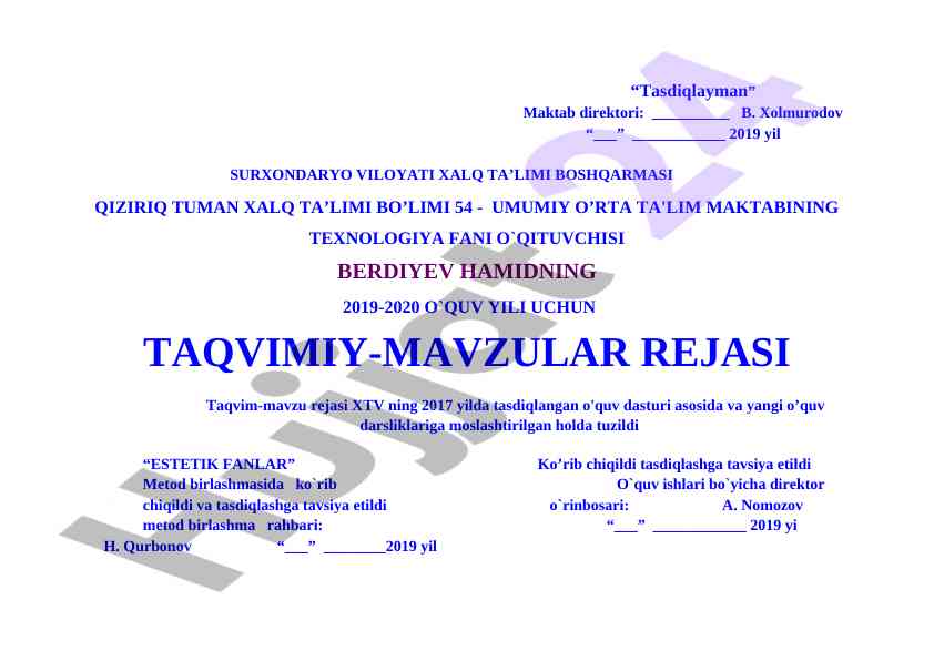 Estetik fanlar oquv rejasi 2019-2020 yil
