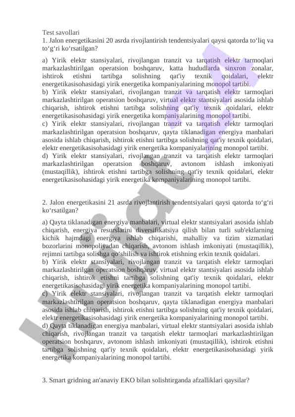 Energetika sohasidagi rivojlanish tendentsiyalari