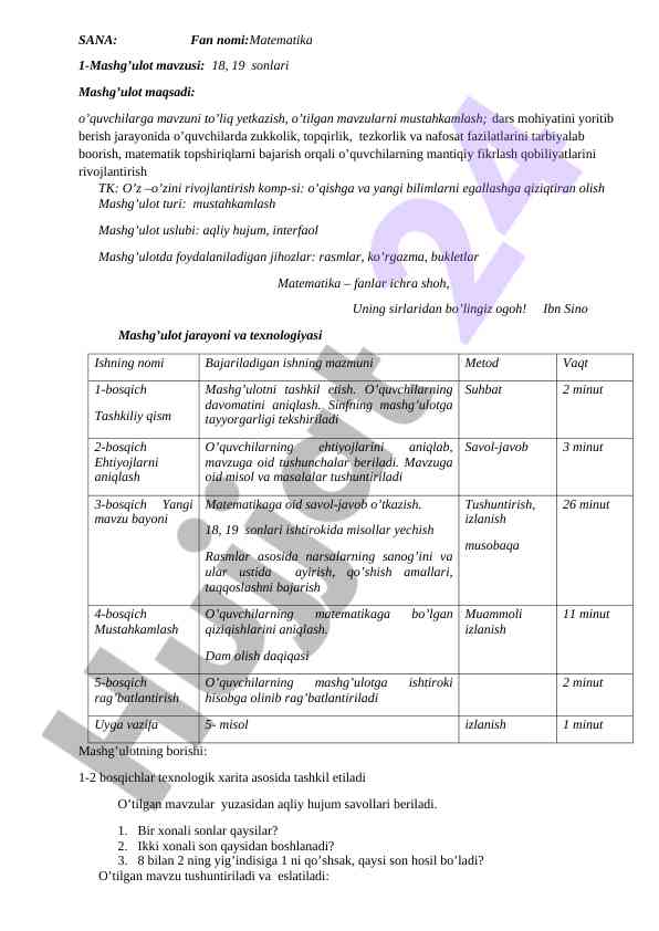 18 va 19 sonlari: matematikani mustahkamlash mashg'uloti