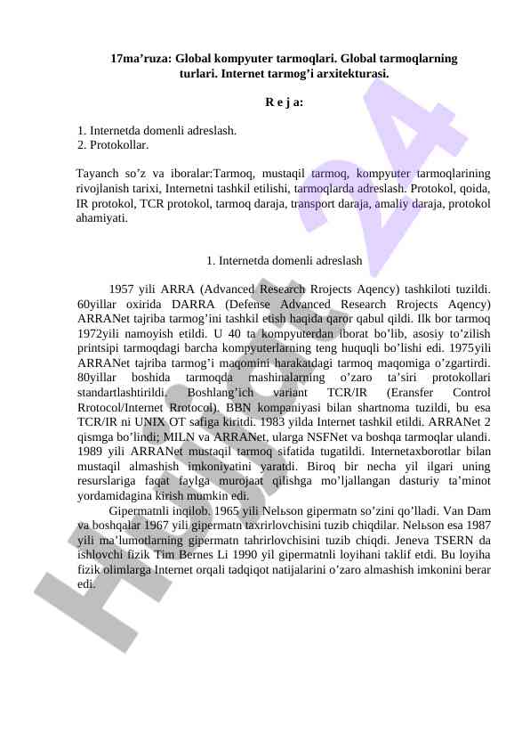 Global kompyuter tarmoqlari va internet arxitekturasi