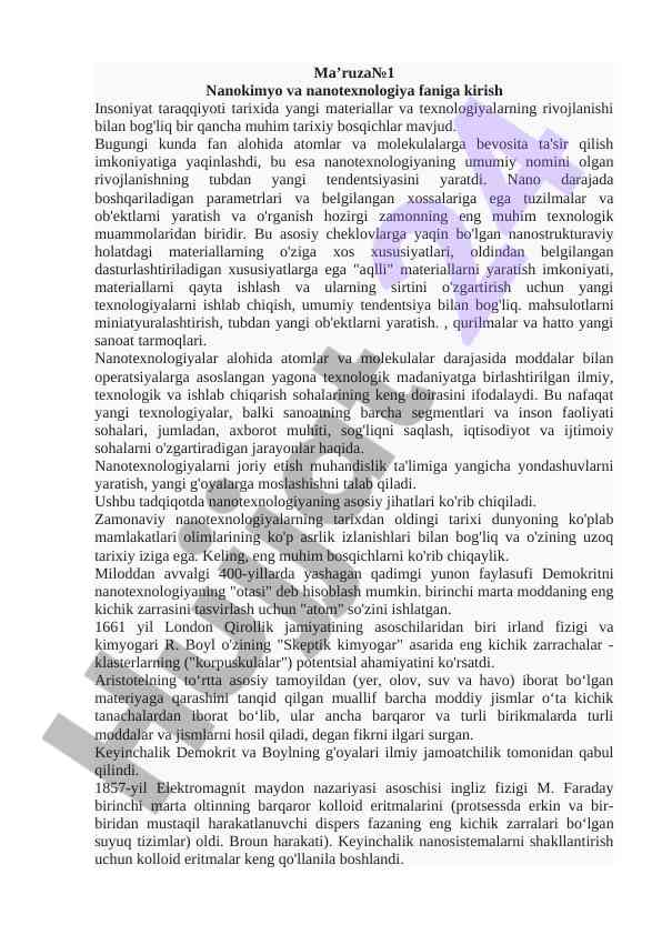 Nanokimyo Va Nanotexnologiya Faniga Kirish