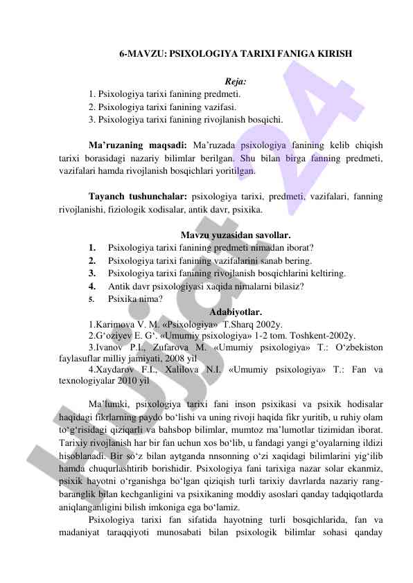 Psixologiya tarixi faniga kirish