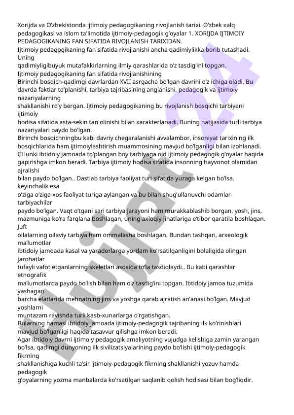 Ijtimoiy pedagogikaning rivojlanish tarixi o’zbekistonda