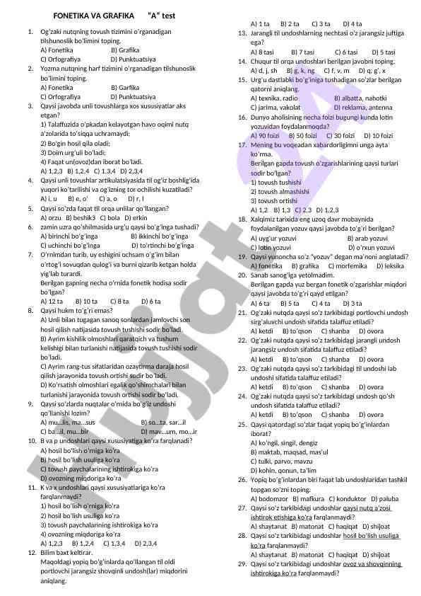 Fonetika va grafika test savollari
