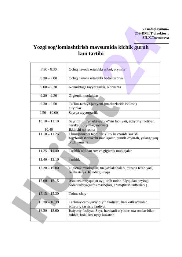 Yozgi sog‘lomlashtirish mavsumida guruh kun tartibi