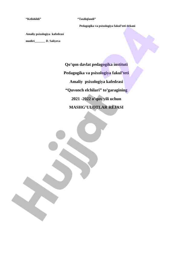 Amaliy psixologiya kafedrasi mashg'ulotlar rejasi