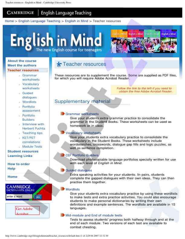 Supplementary resources for english in mind course