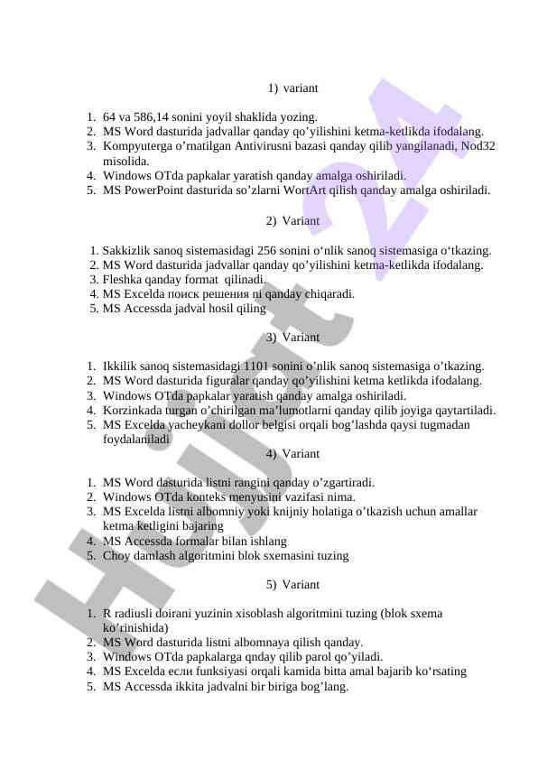 Ms word va excel dasturlarida amaliy mashqlar