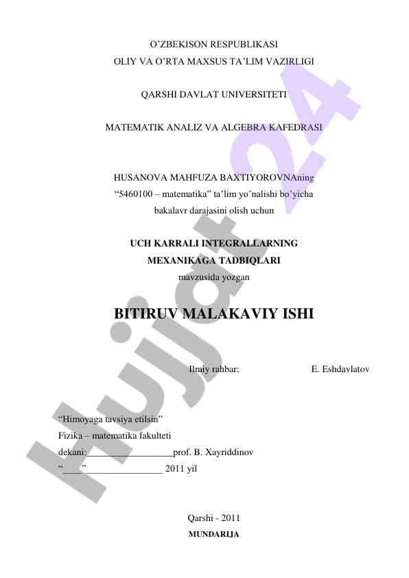 Uch karrali integrallarning mexanikaga tadbiqlari