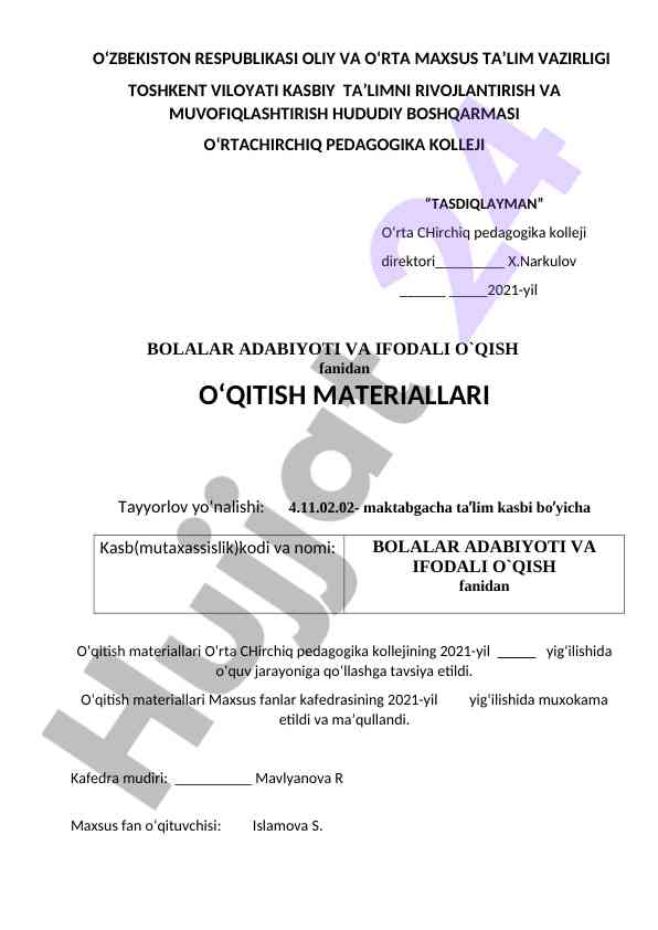 Bolalar adabiyoti va ifodali o‘qish o‘qitish materiallari