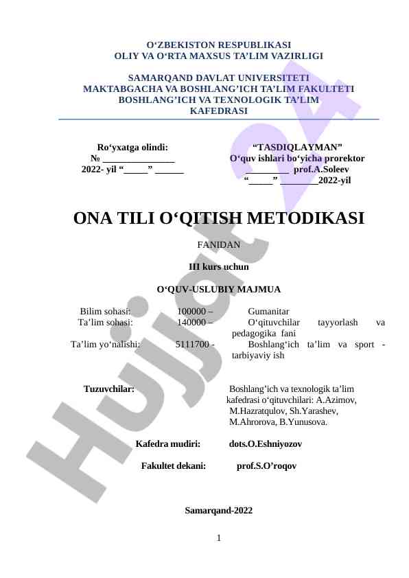 Ona tili o‘qitish metodikasidan o‘quv-uslubiy majmua