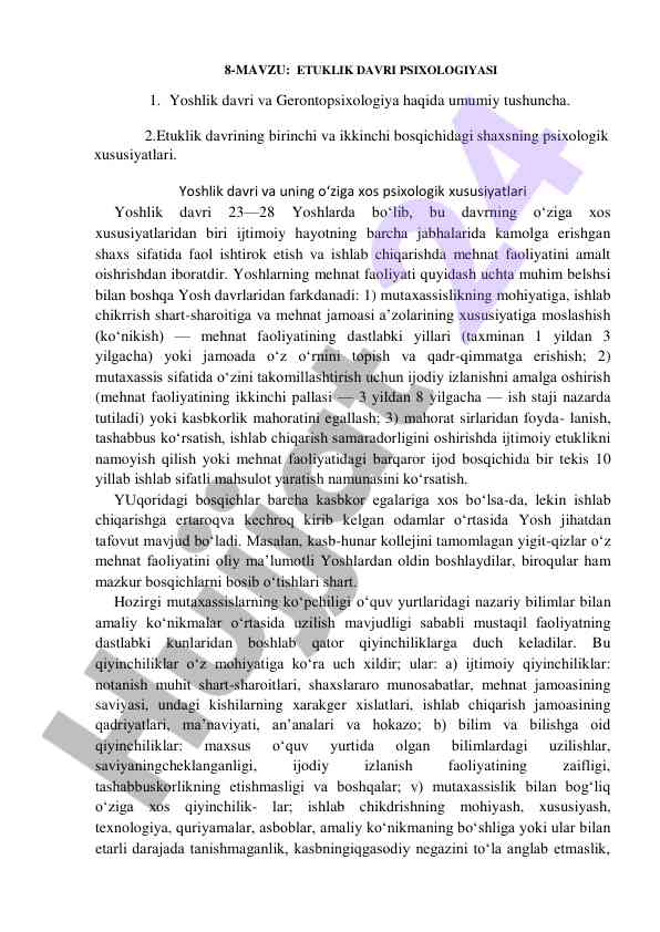 Etuklik davri psixologiyasi yoshlik davrida