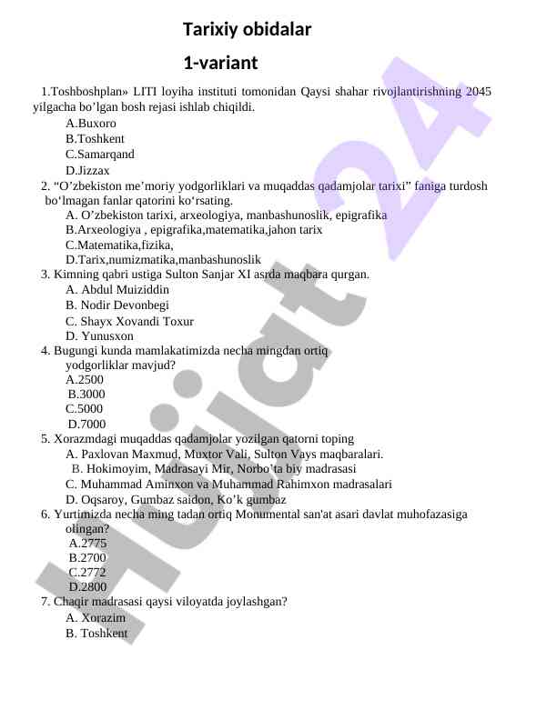 Tarixiy obidalar test savollari