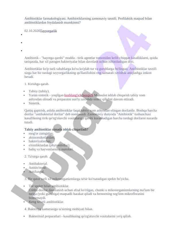 Zamonaviy antibiotiklar farmakologiyasi tasnifi