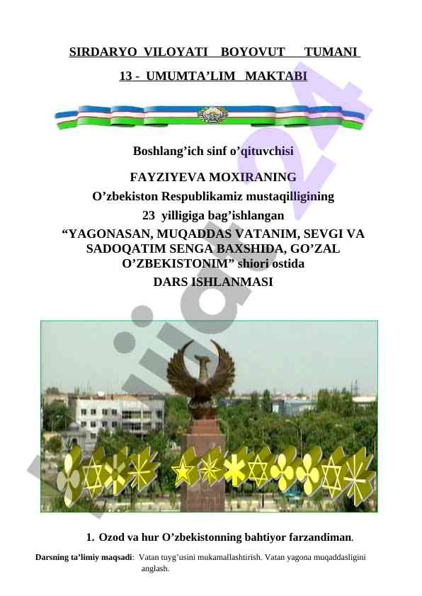 Mukaddas vatanimga sevgi va sadoqat dars ishlanmasi
