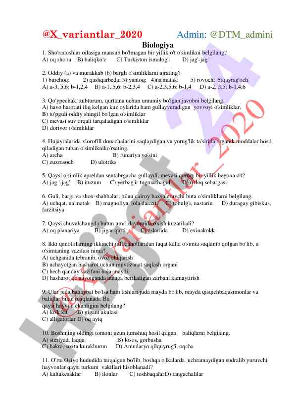 O'simliklar bo'yicha test savollari