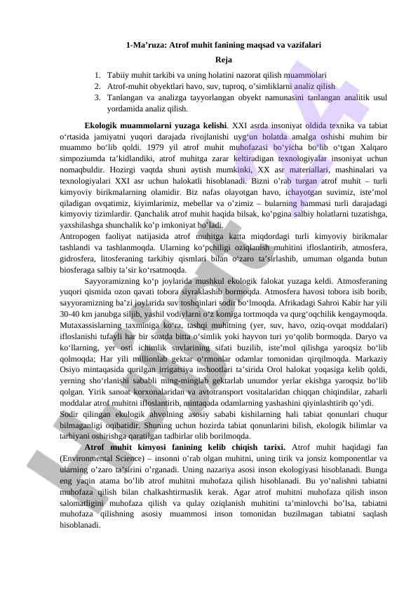 Atrof muhit fanining maqsad va vazifalari