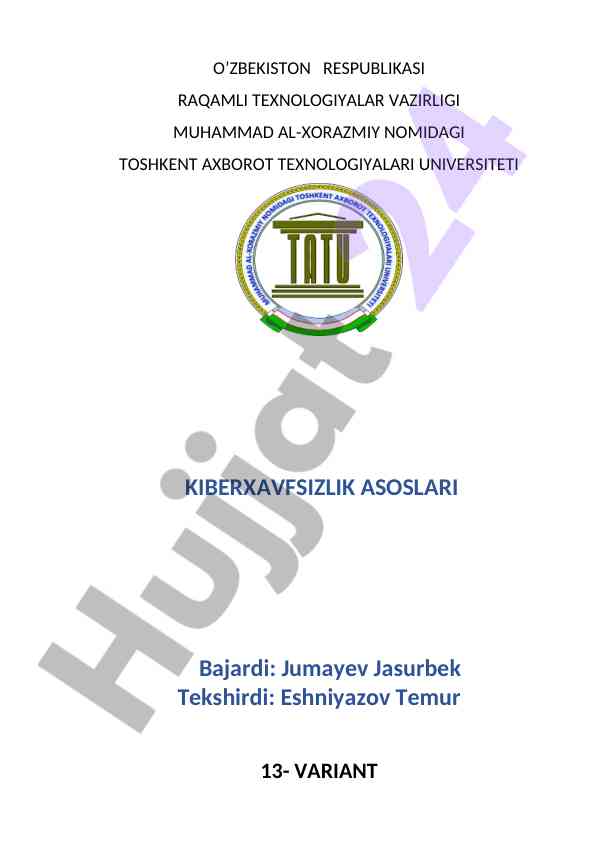 Kiberxavfsizlik asoslari bo'yicha topshiriqlar