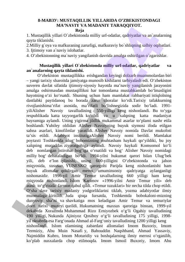 Mustaqillik yillarida o'zbekistondagi taraqqiyot