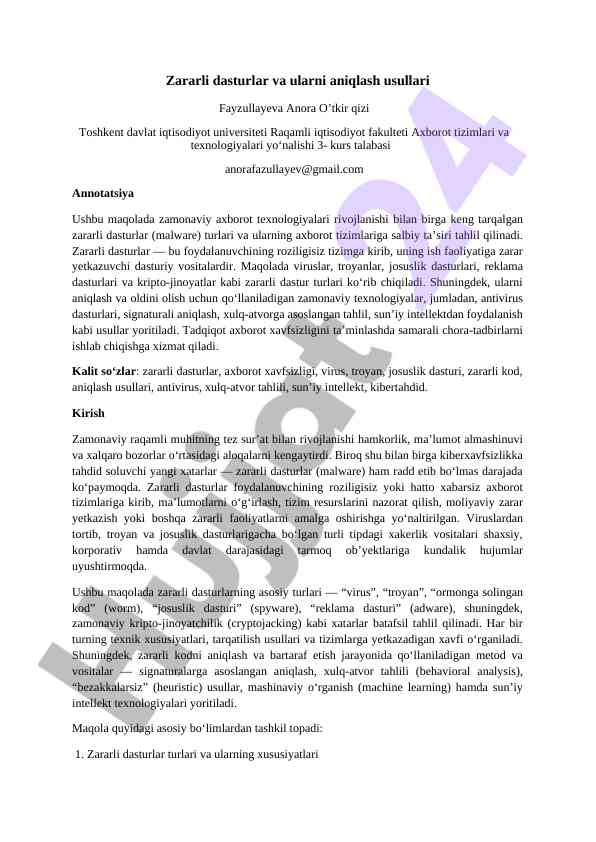 Zararli dasturlar va ularni aniqlash usullari