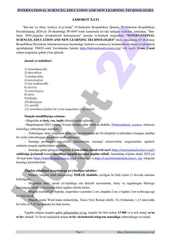 International sciences journal call for papers 2025