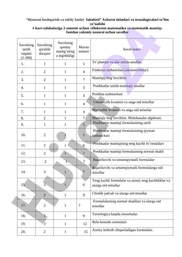 Diskret matematika va matematik mantiq savollari