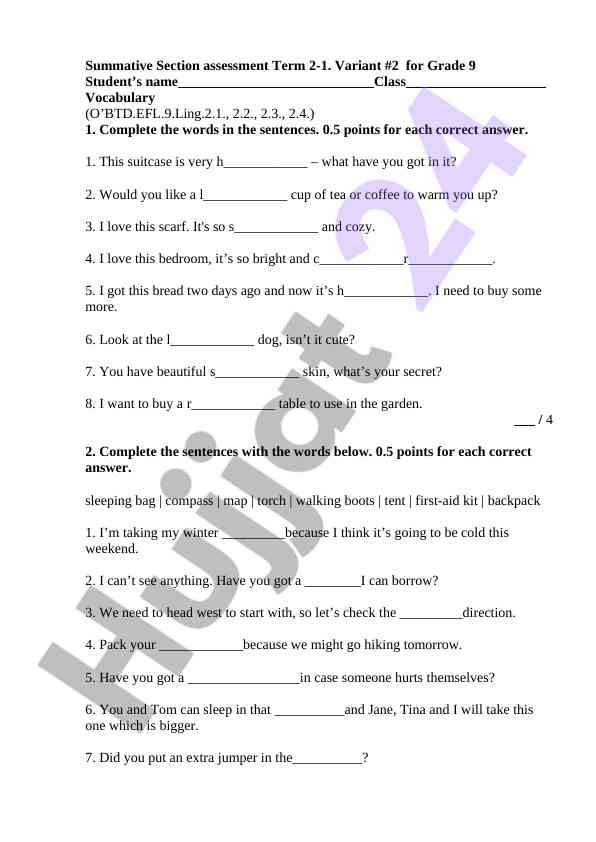 Summative section assessment for grade 9 students