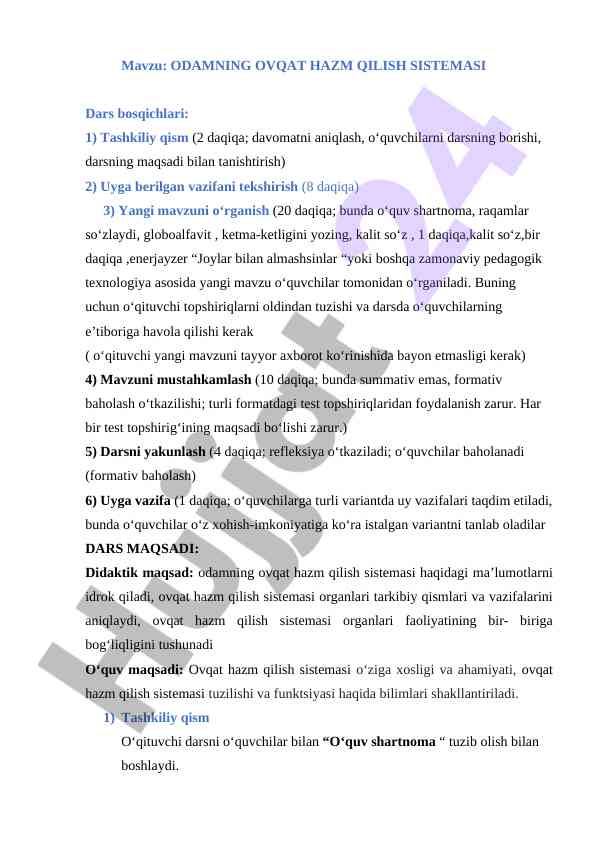 Odamning o'vqat hazm qilish tizimi dars rejasi