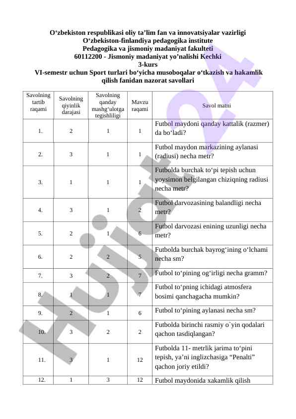 Sport turlari bo‘yicha musoboqalar o‘tkazish savollari