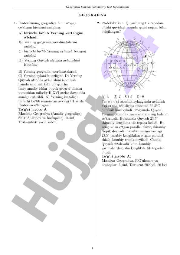 Geografiya fanidan namunaviy test topshiriqlari