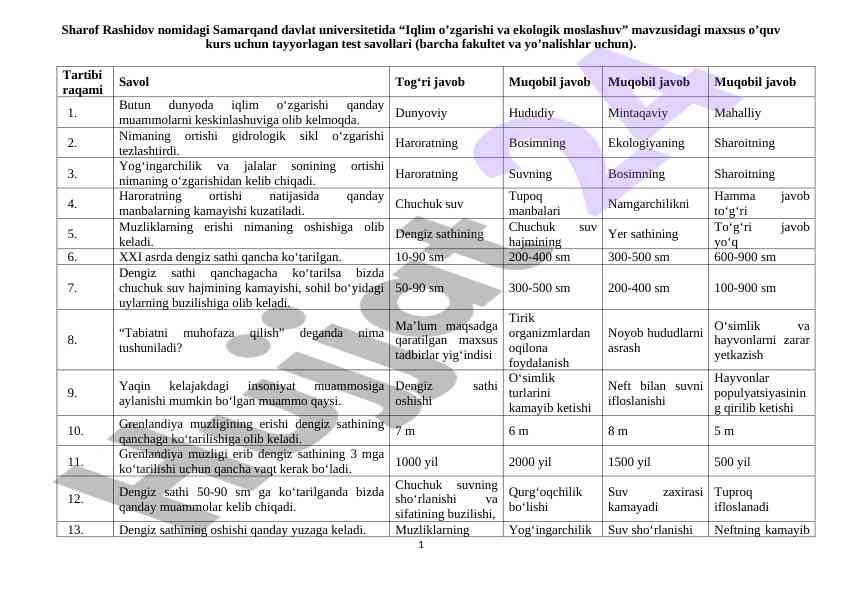 Iqlim o‘zgarishi va ekologik moslashuv test savollari