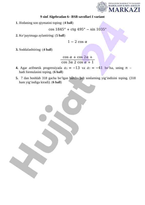 Algebra savollari 9 sinf bsb variant 6