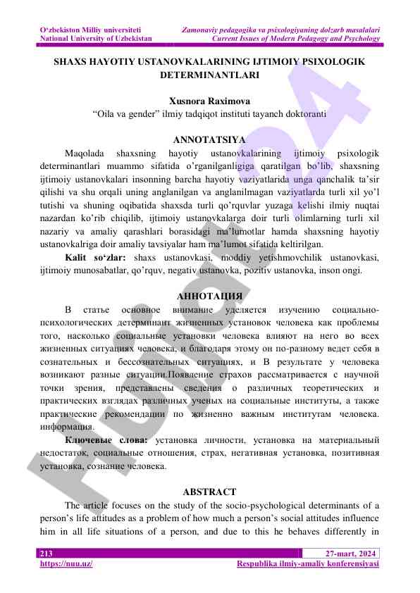 Ijtimoiy psixologik determinantlar va shaxs ustanovalari
