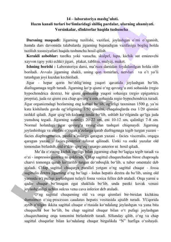 Hazm kanali turlari va jigar tuzilishi