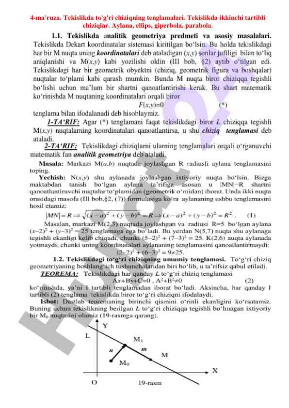 Tekislikda to'g'ri chiziq tenglamalari va chiziqlar