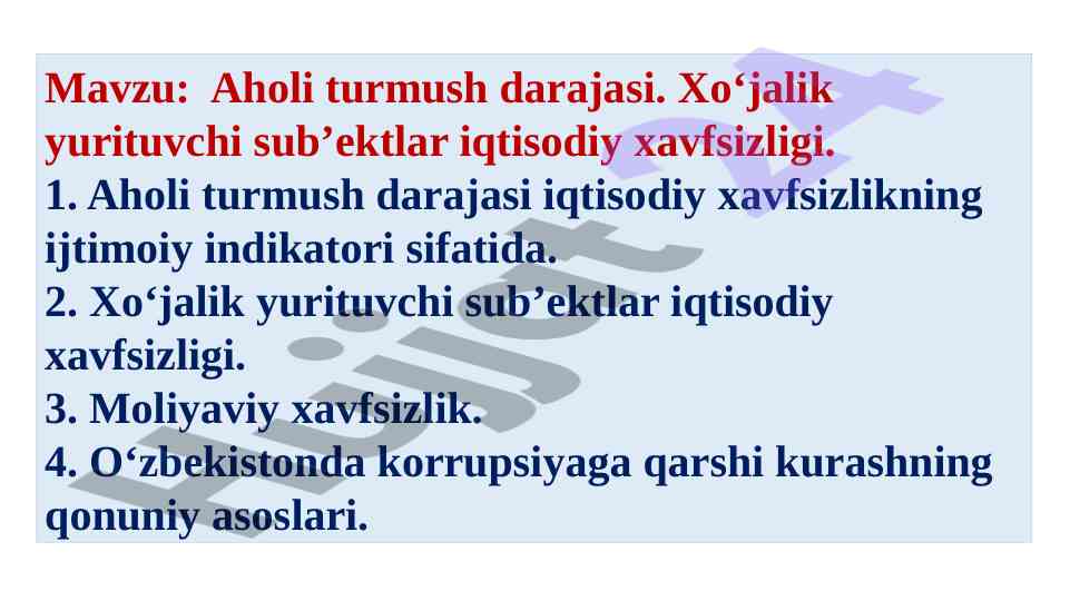 Aholi turmush darajasi va iqtisodiy xavfsizlik