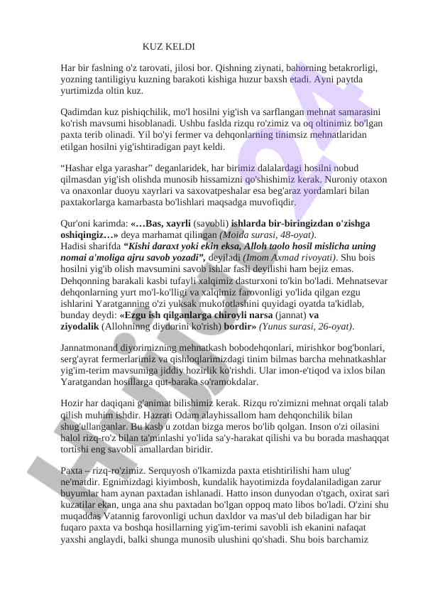 Oltin kuzning mahsul yig'ish mavsumidagi muxtassar