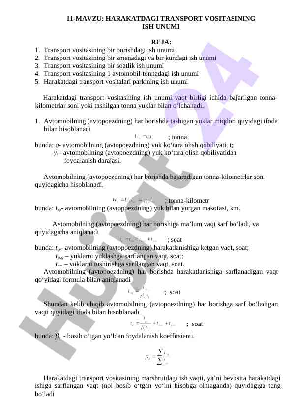 Harakatdagi transport vositasining ish unumi tahlili