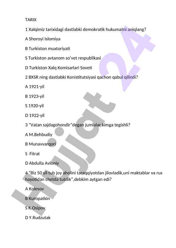 Tarixiy savollar va javoblar bilan test